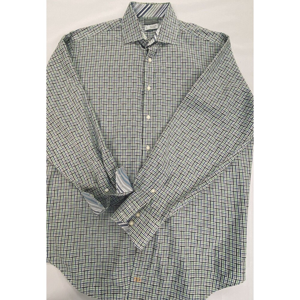 Thomas Dean Mens Plaid  Long Sleeve Flip Cuff Button Up Shirt Size Large